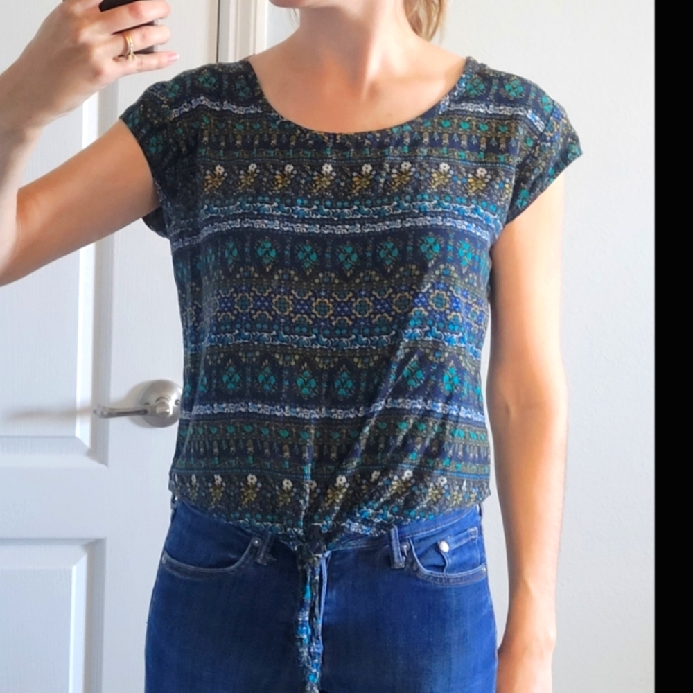 Mossimo Supply Co. Top, Blue and Gold Tribal Tie Front, Small